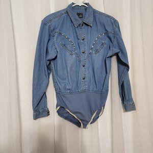 Liz Wear Petite Denim Bodysuit Long Sleeve Western Blouse Buttons & Bling SP